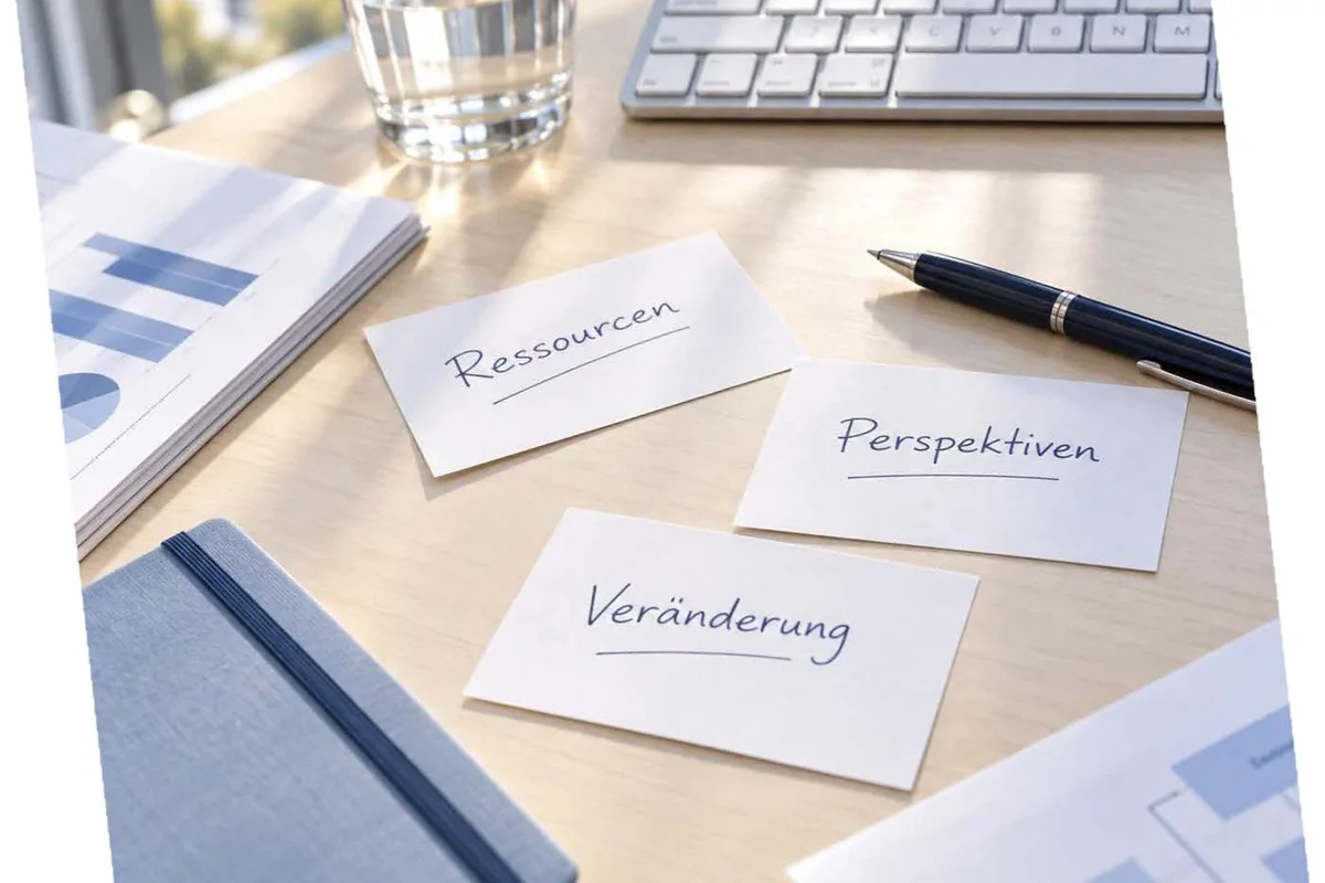 Karten mit Ressourcen, Perspektiven und Veränderung auf dem Schreibtisch